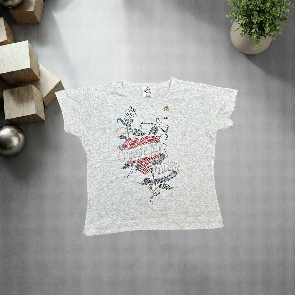 Get Lucky Vintage Y2K Rhinestone Tattoo Graphic Baby Tee Grey Mens Large L